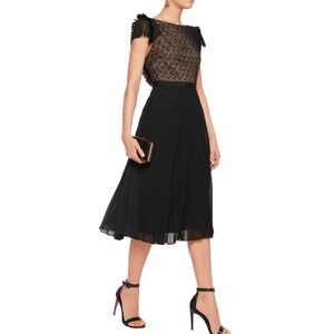 Saloni Luella A-line Dress Black Lace Pleated Sheer Cocktail Chiffon Midi NWT 4